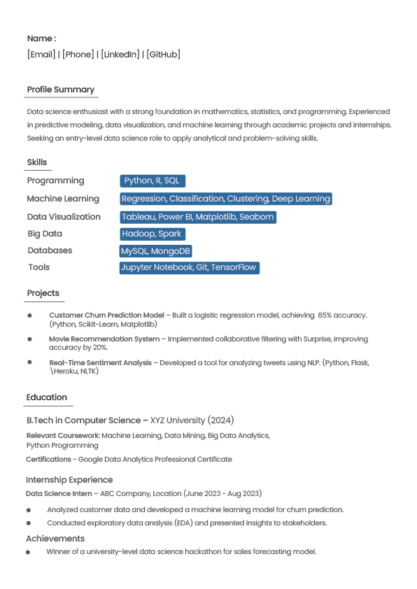 Resume Templates and Samples for Data Science Freshers