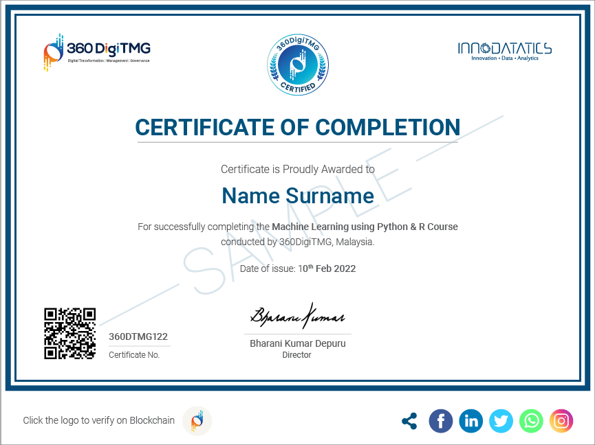 machine learning using python & r certification - 360digitmg